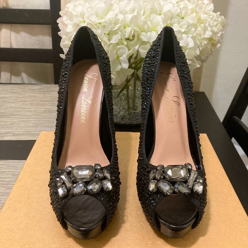 Lauren Lorraine, black sparkly heels